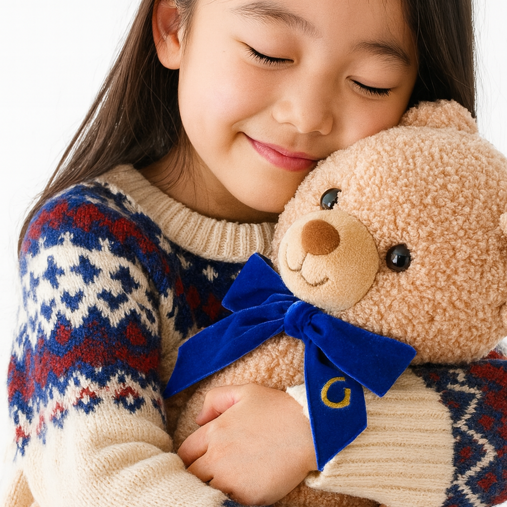 Child holding a teddy bear with a blue bow tie against a white background